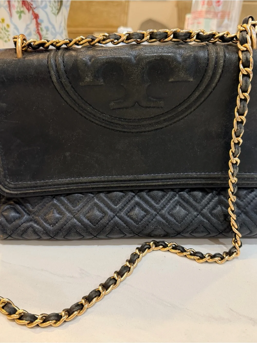Tory Burch Black Quilted Leather Fleming Shoulder Bag